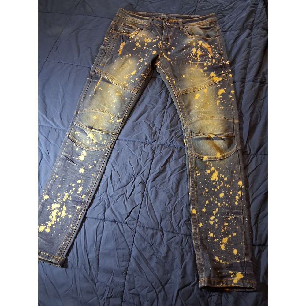Decibel DNM Mens 34x33 Blue Paint Splatter Distressed Moto Slim Denim Jeans